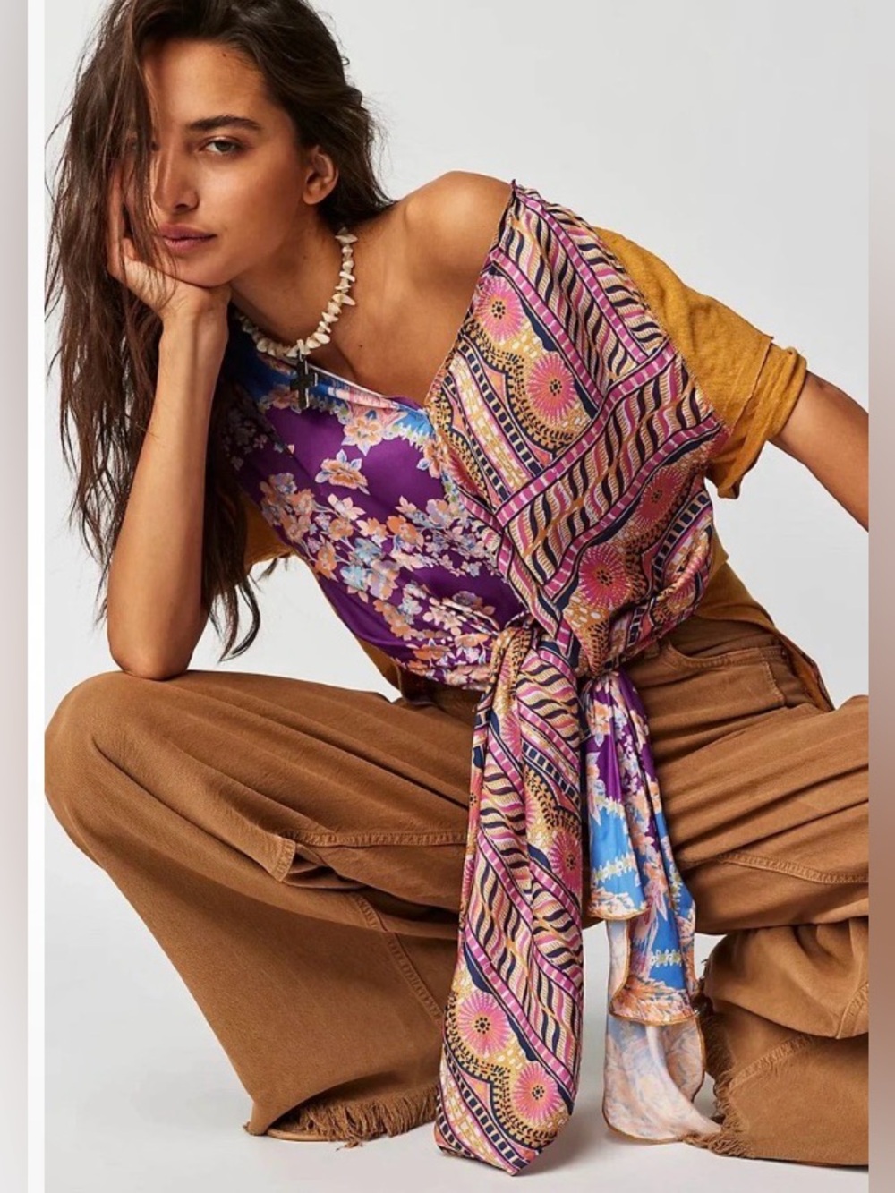 Free People Pick Your Scarf Tunic Top Maxi Tee Womens Size S Boho Multicolor
